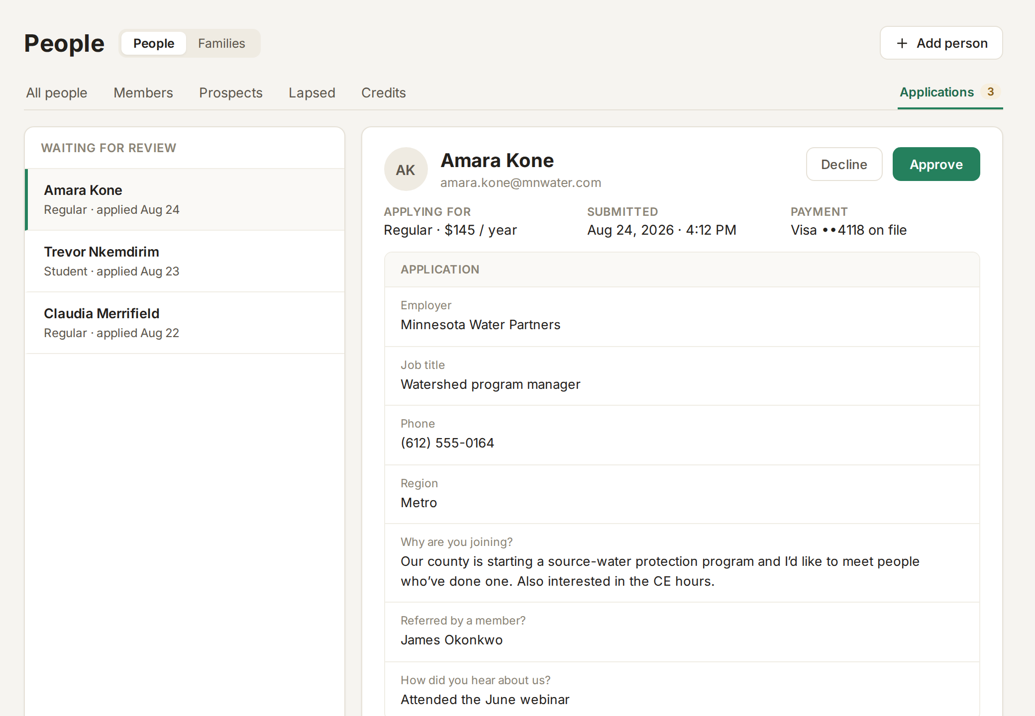 An application waiting for review in FullRoster
