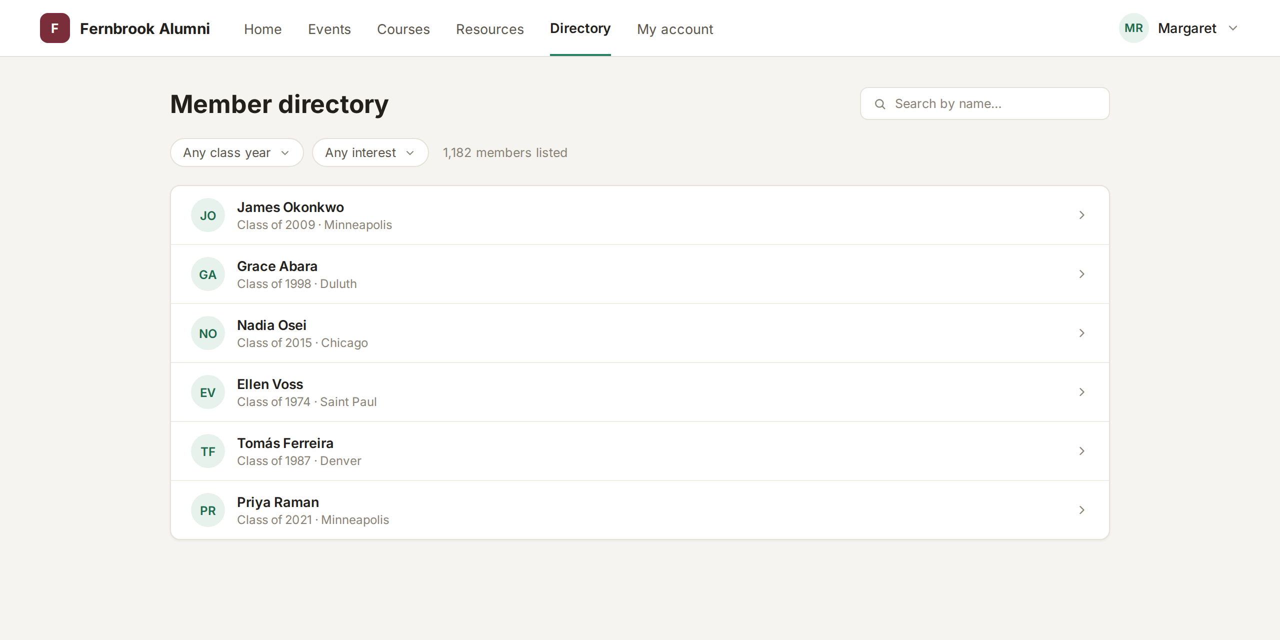 A club's member directory in the FullRoster portal