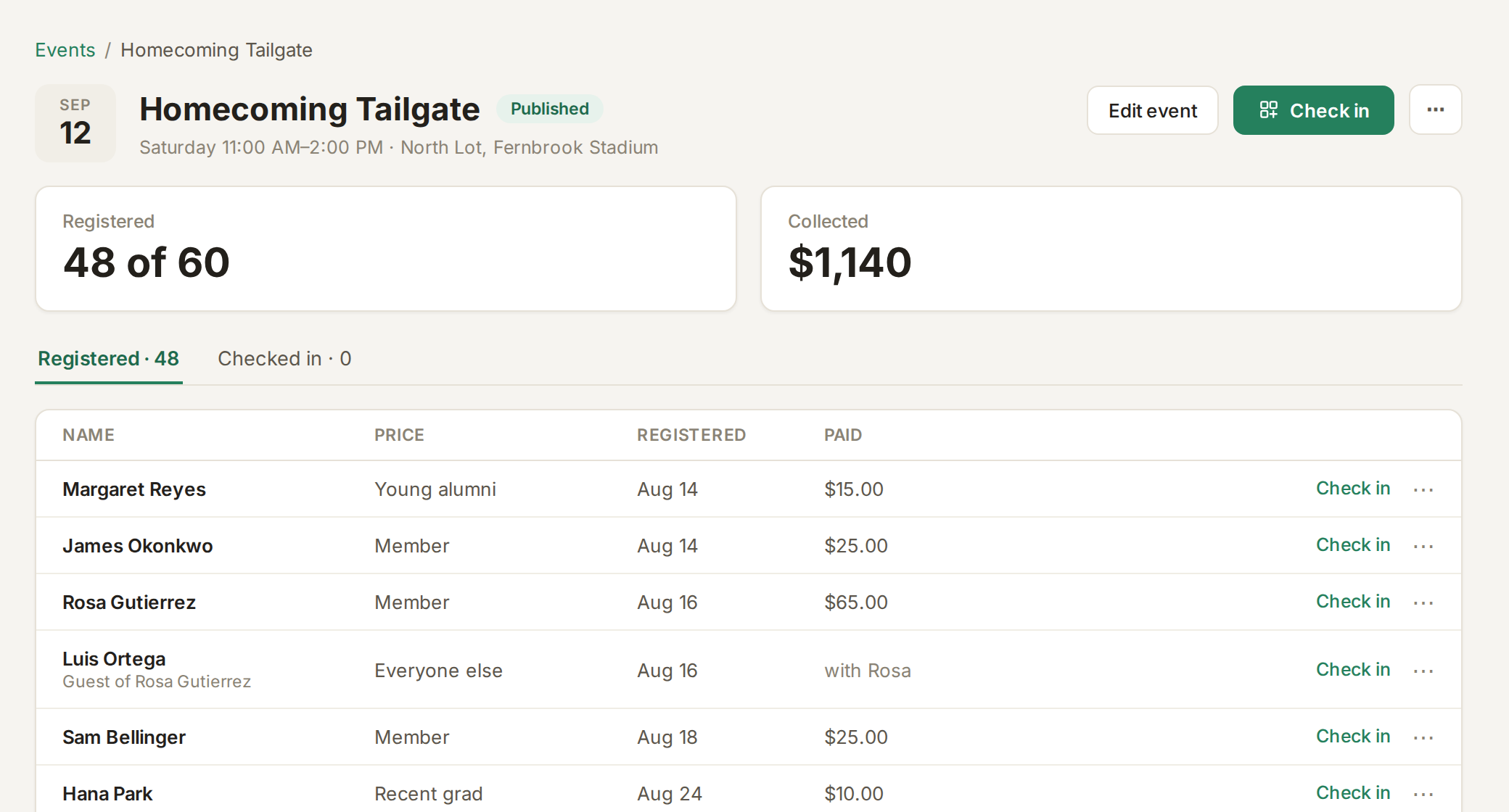 A homecoming tailgate in FullRoster with 48 of 60 registered