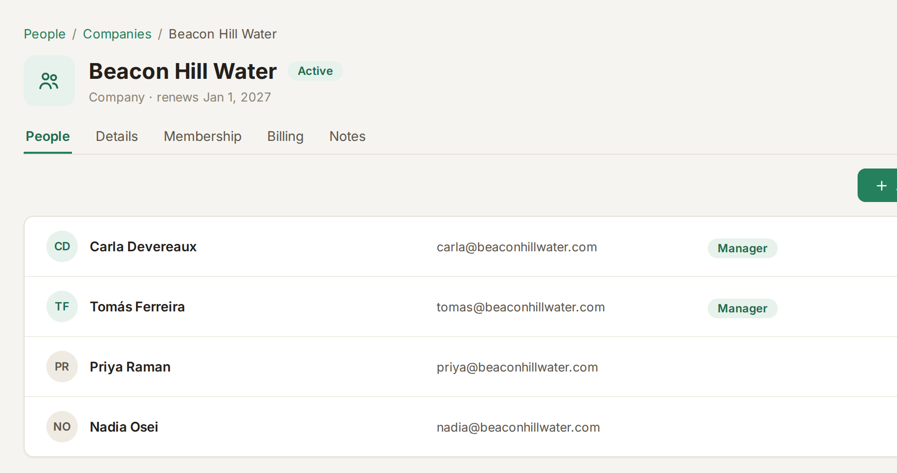 A company membership in FullRoster with four employees and two managers