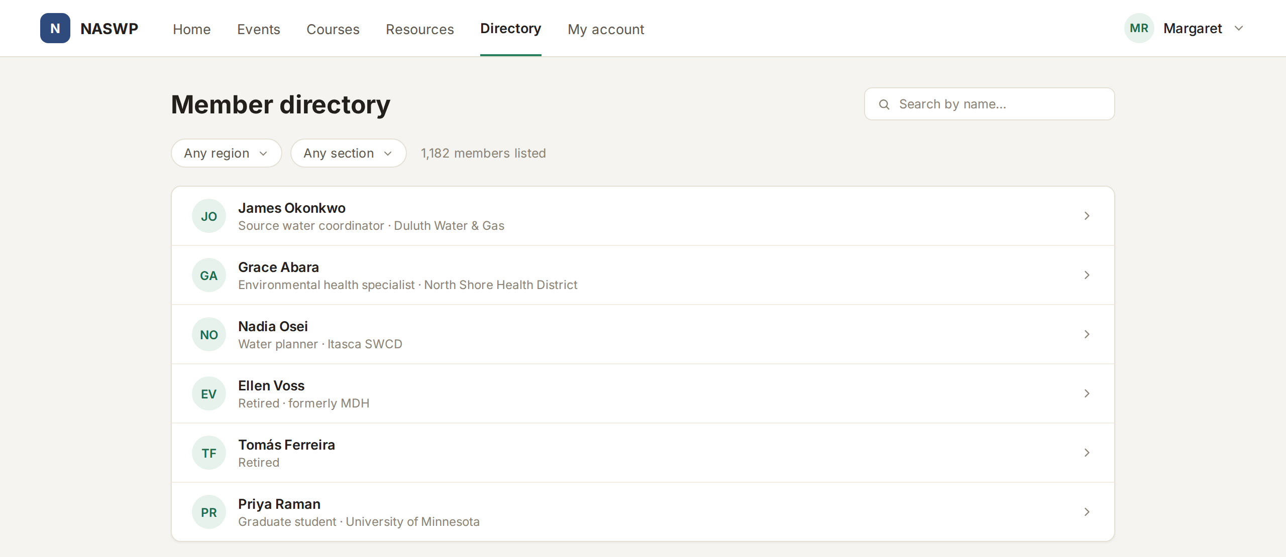 The FullRoster member directory in the member portal, with search and filters