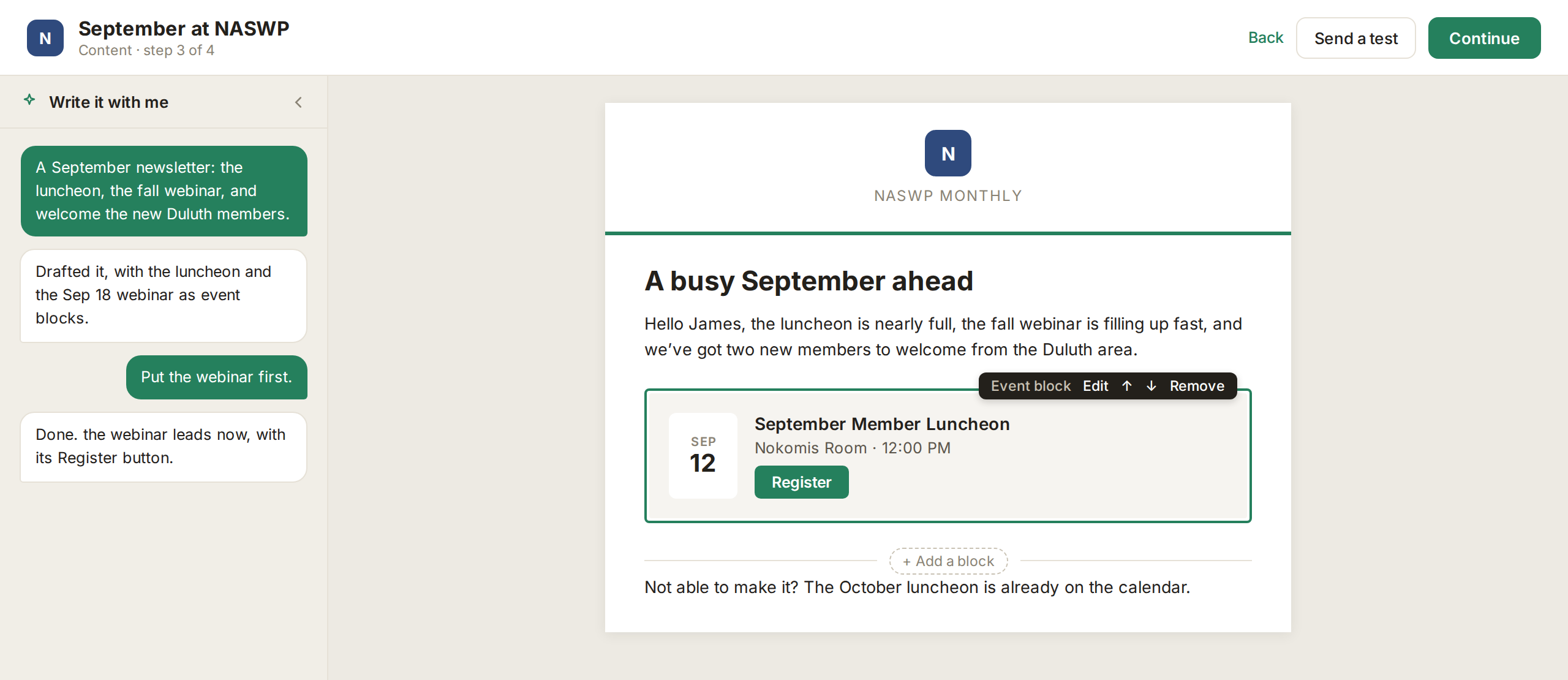 The FullRoster email composer drafting a September newsletter with Write it with me