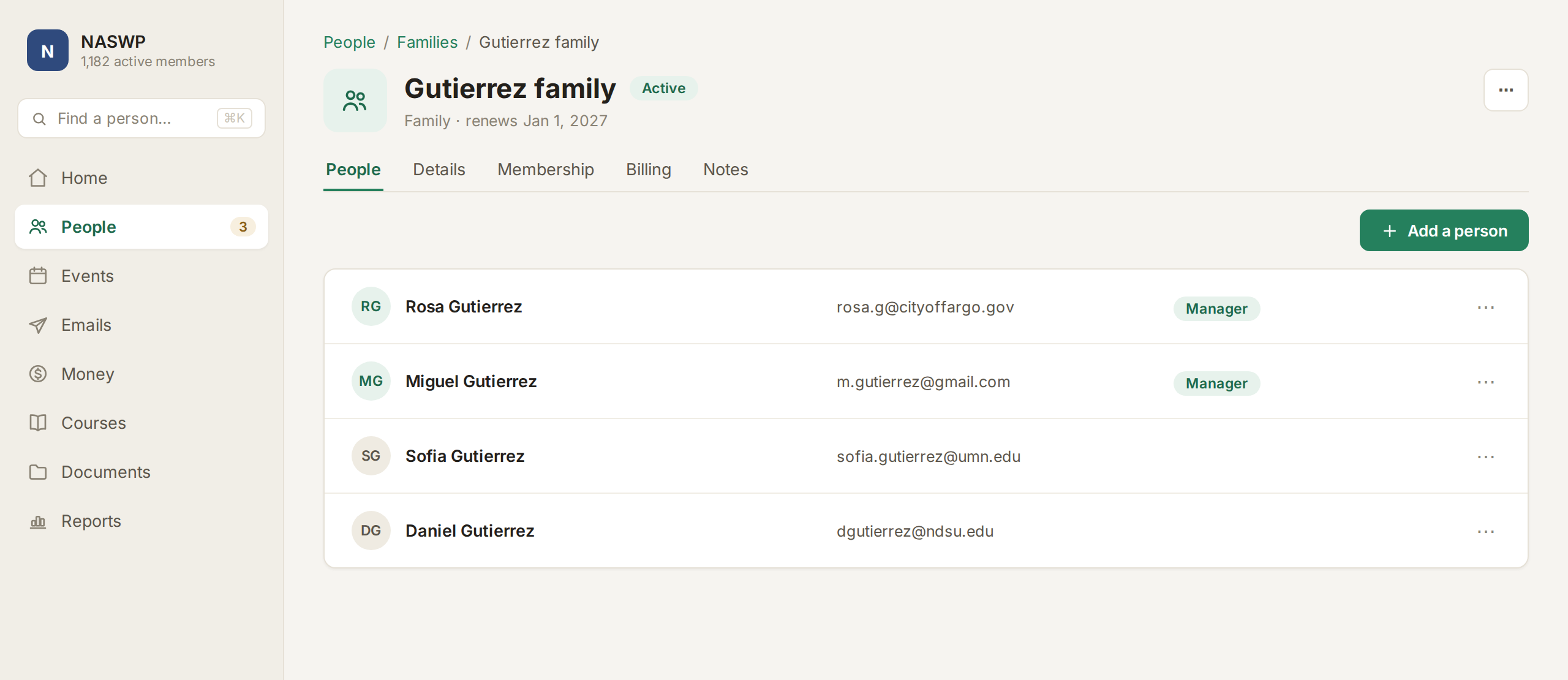 The Gutierrez family's membership in FullRoster with four people and two managers