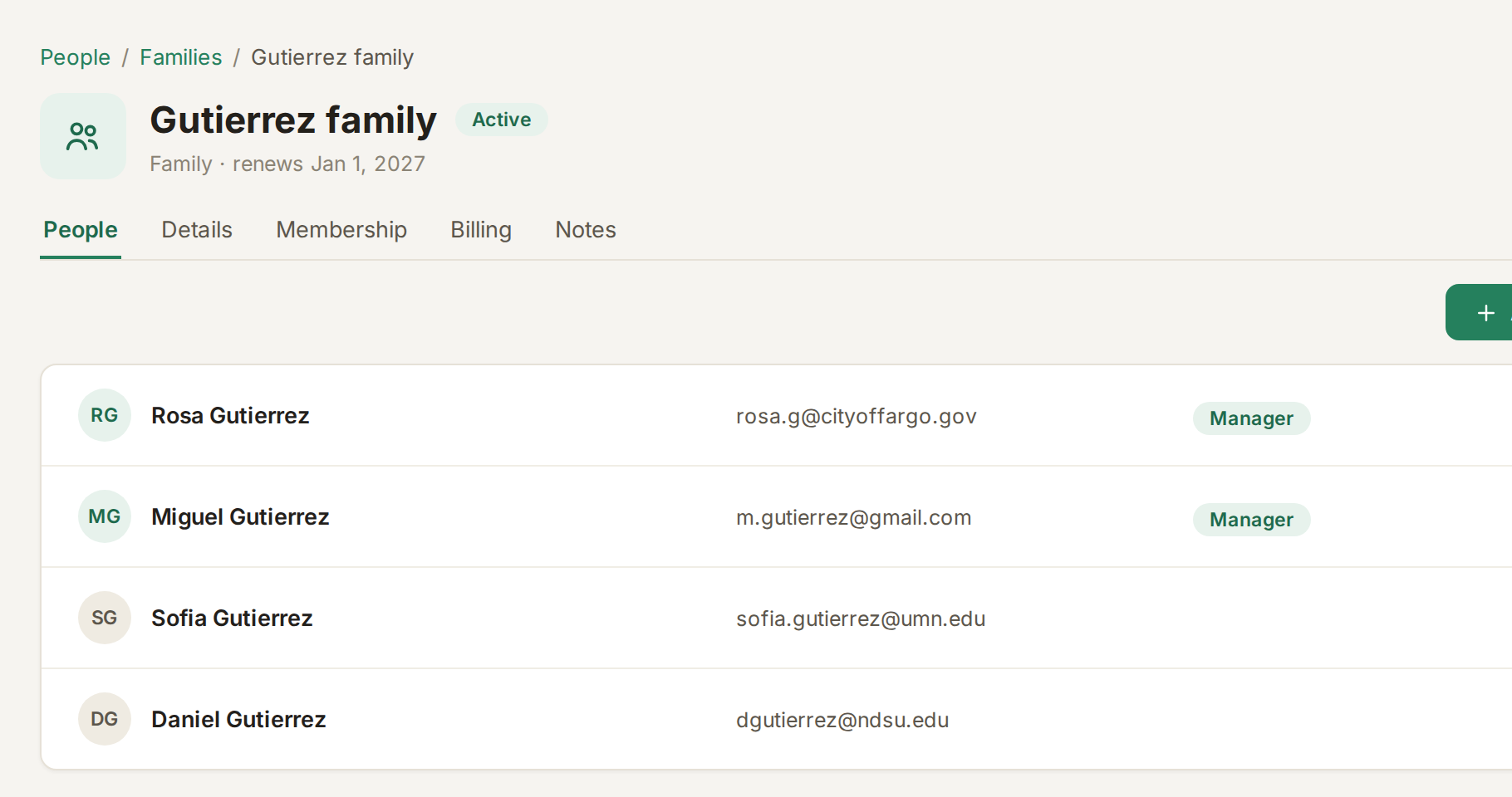 A family membership in FullRoster with four people and two managers