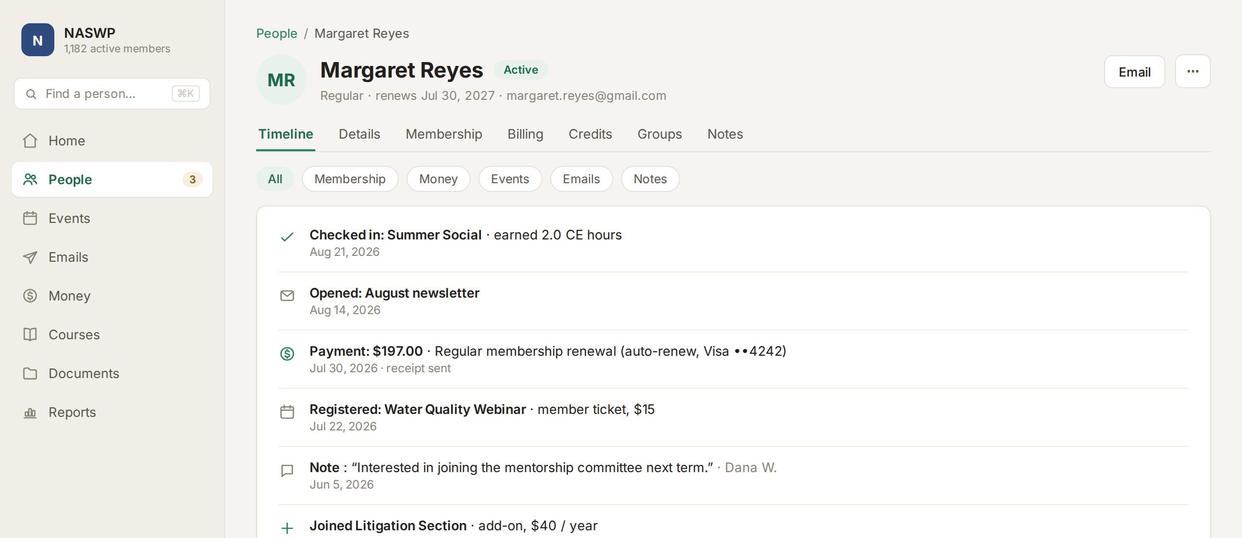 A member record in FullRoster with a timeline of check-ins, emails, payments and registrations