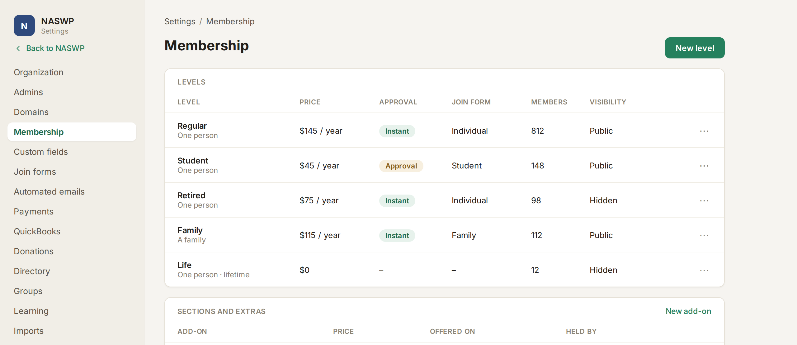 FullRoster membership levels: Regular, Student, Retired, Family and Life, with sections and extras