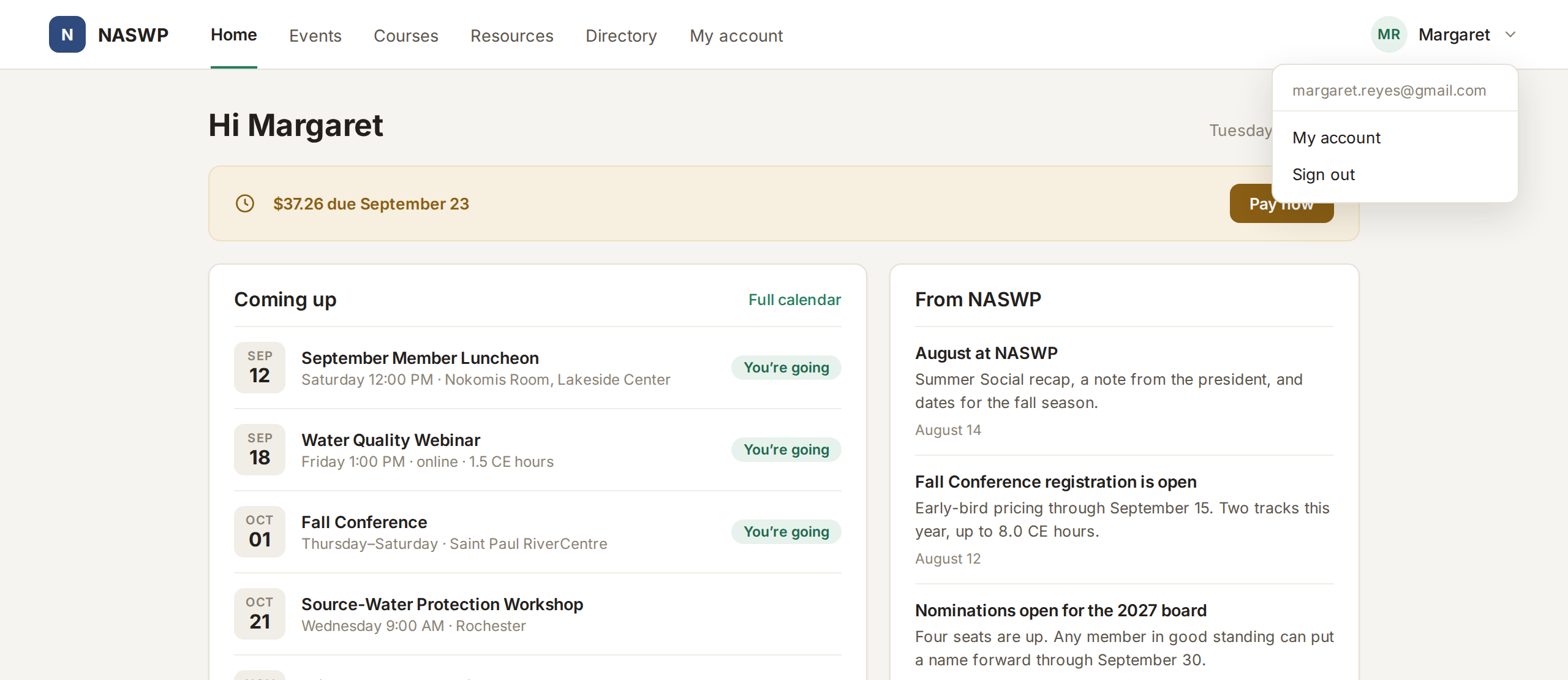 The FullRoster member portal home with upcoming events and recent newsletters