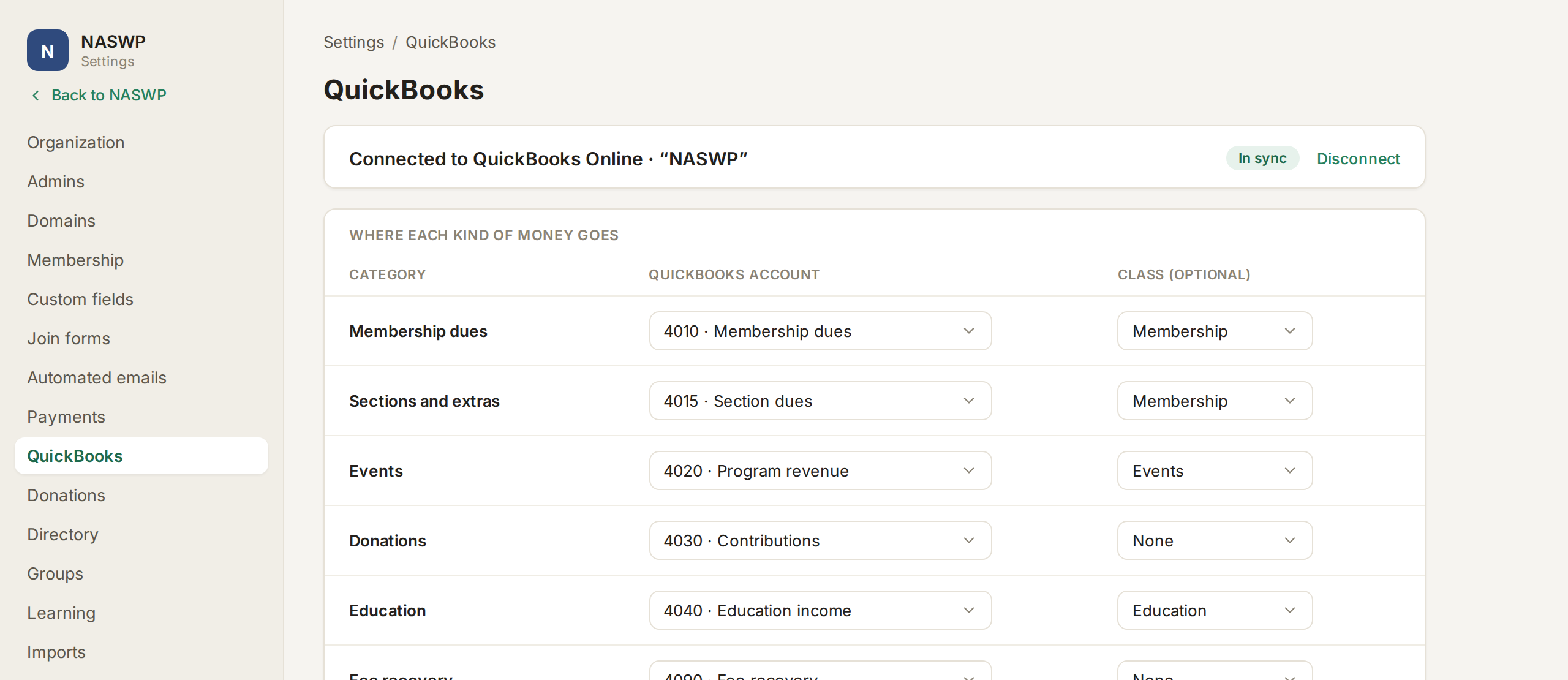 FullRoster QuickBooks settings mapping membership dues, events, donations, education and fees to QuickBooks accounts