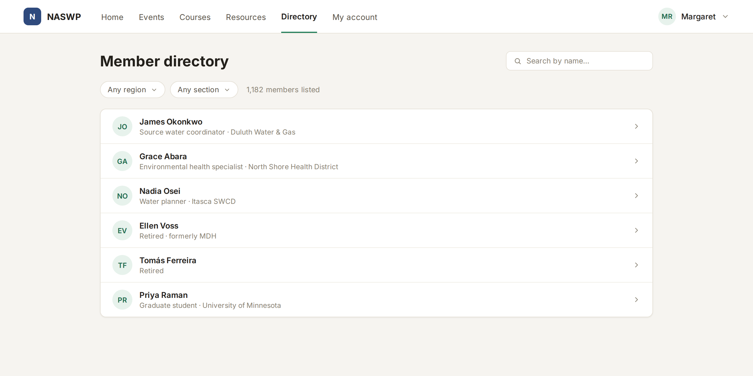 The member directory in the FullRoster portal with search and filters