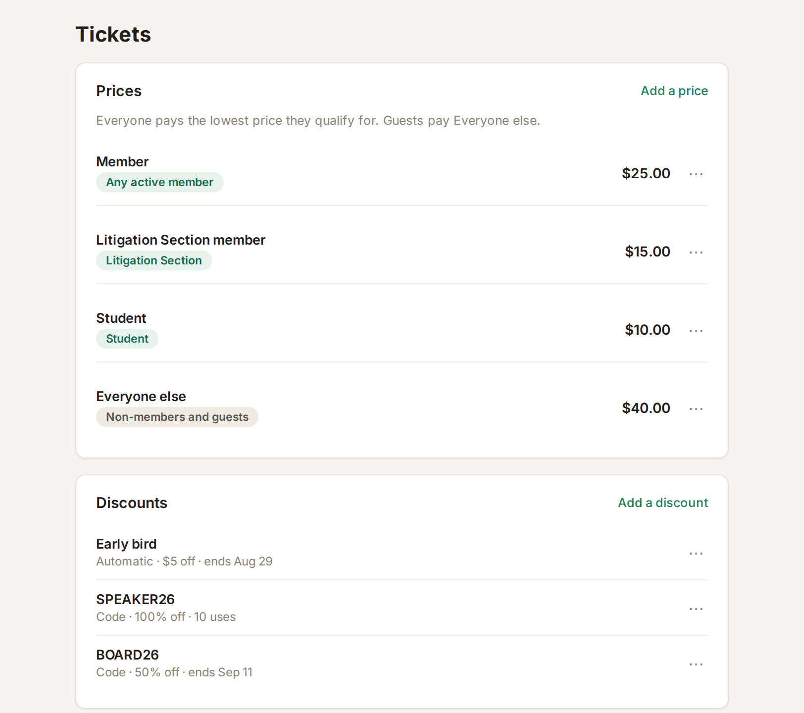 Prices for a luncheon by membership level and section