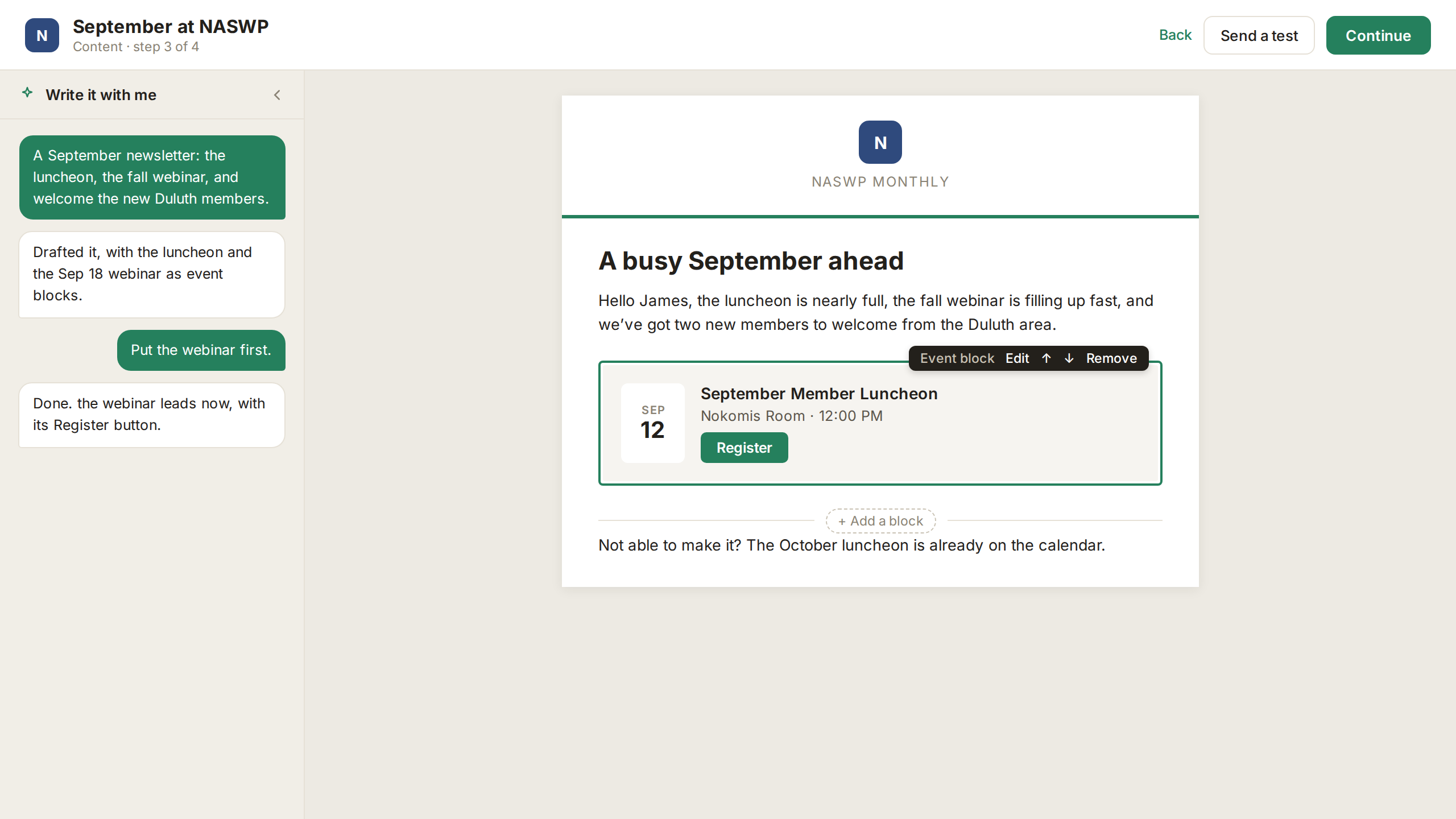 The FullRoster email composer drafting a newsletter with Write it with me
